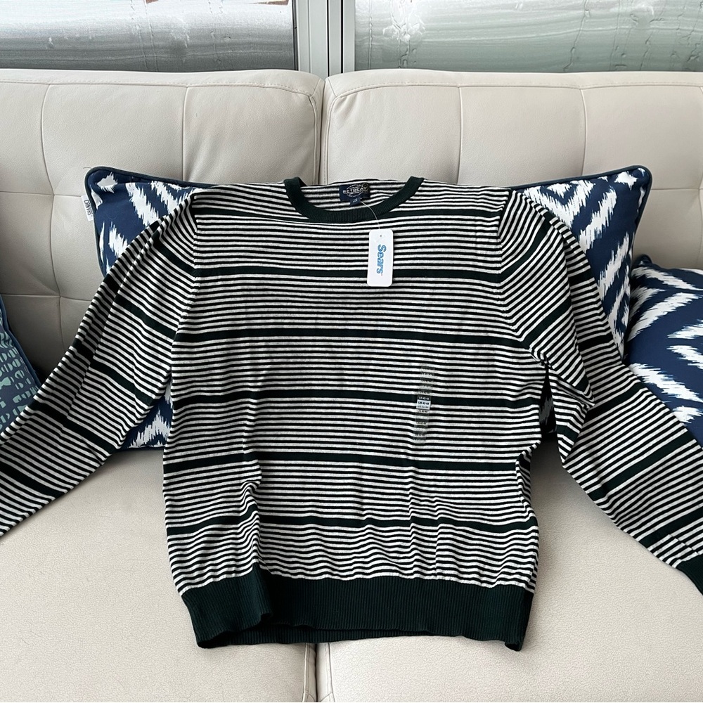 Vintage Retreat dark green and ivory Striped cotton cashmere Crewneck Sweater